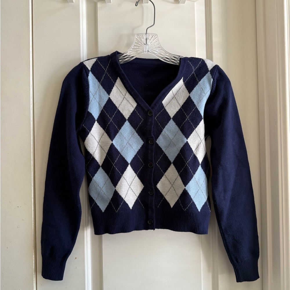 Navy Argyle V-Neck Button Cardigan Sweater
